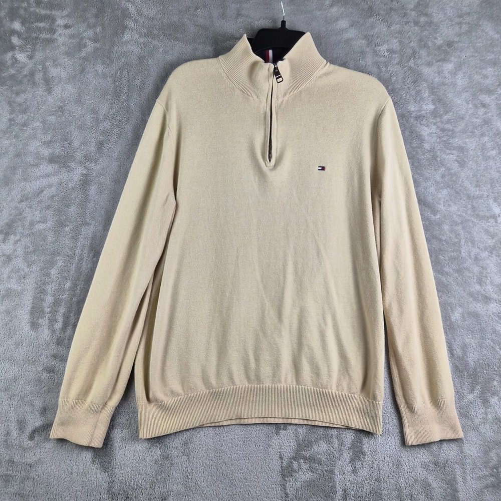 Tommy Hilfiger Sweater Mens Large Beige Knit‎ 1/4 Zip Mock Neck Logo Pullover